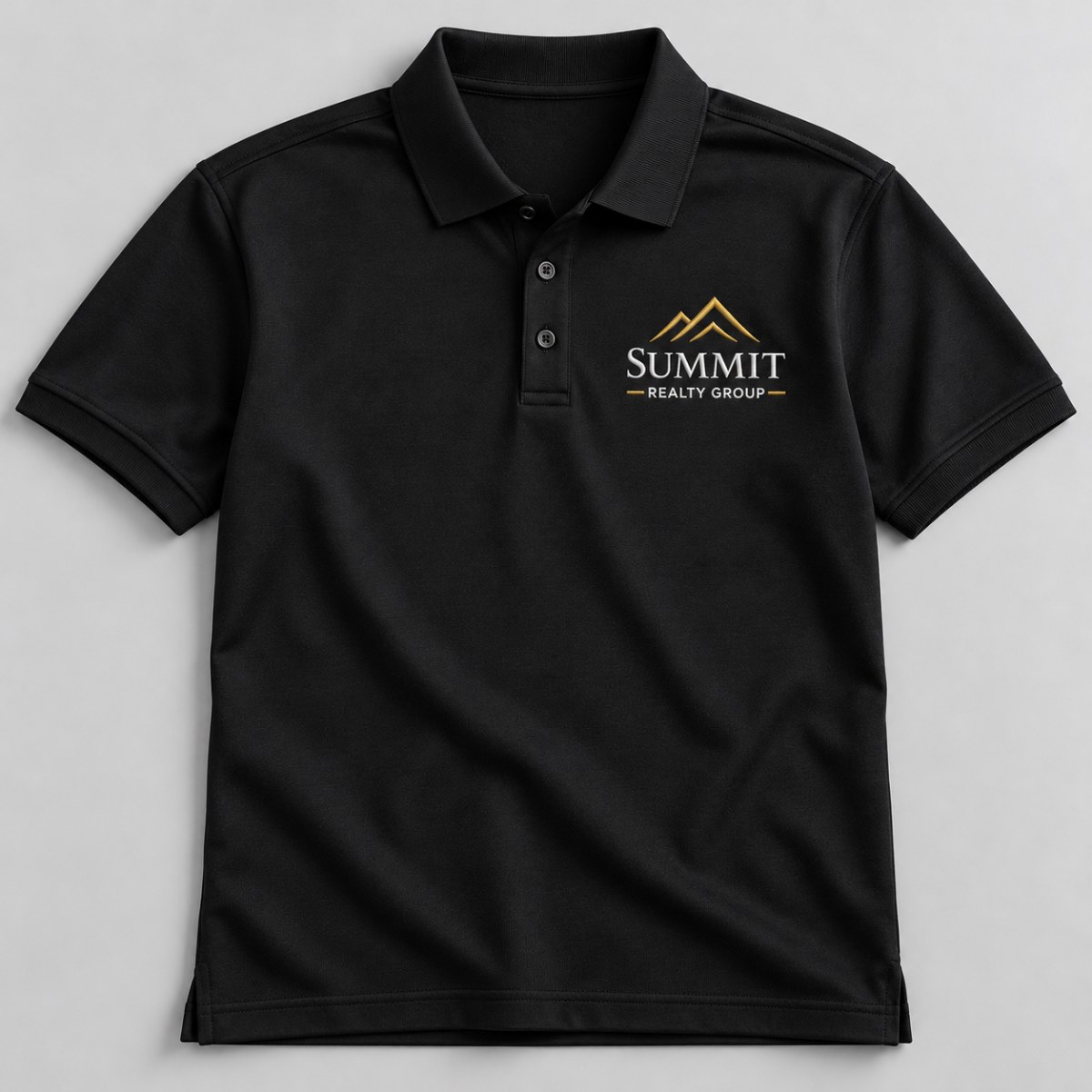 Custom black polo shirt with an embroidered left chest business logo