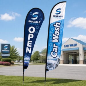 Custom printed feather flags outside a business