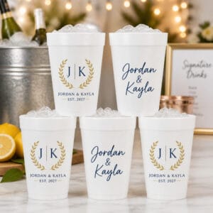Custom printed 16 oz foam cups for weddings and parties