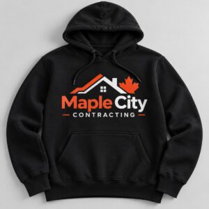 Custom black hoodie with a full colour front business logo print