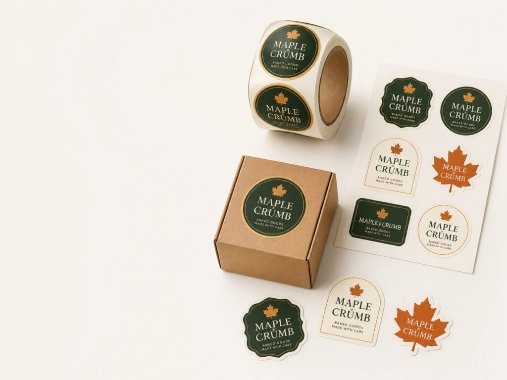 Roll of printed product labels, die-cut stickers and a labelled kraft box