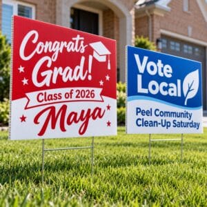 Custom printed coroplast lawn signs on H-stakes – Ron Russ Print Brampton