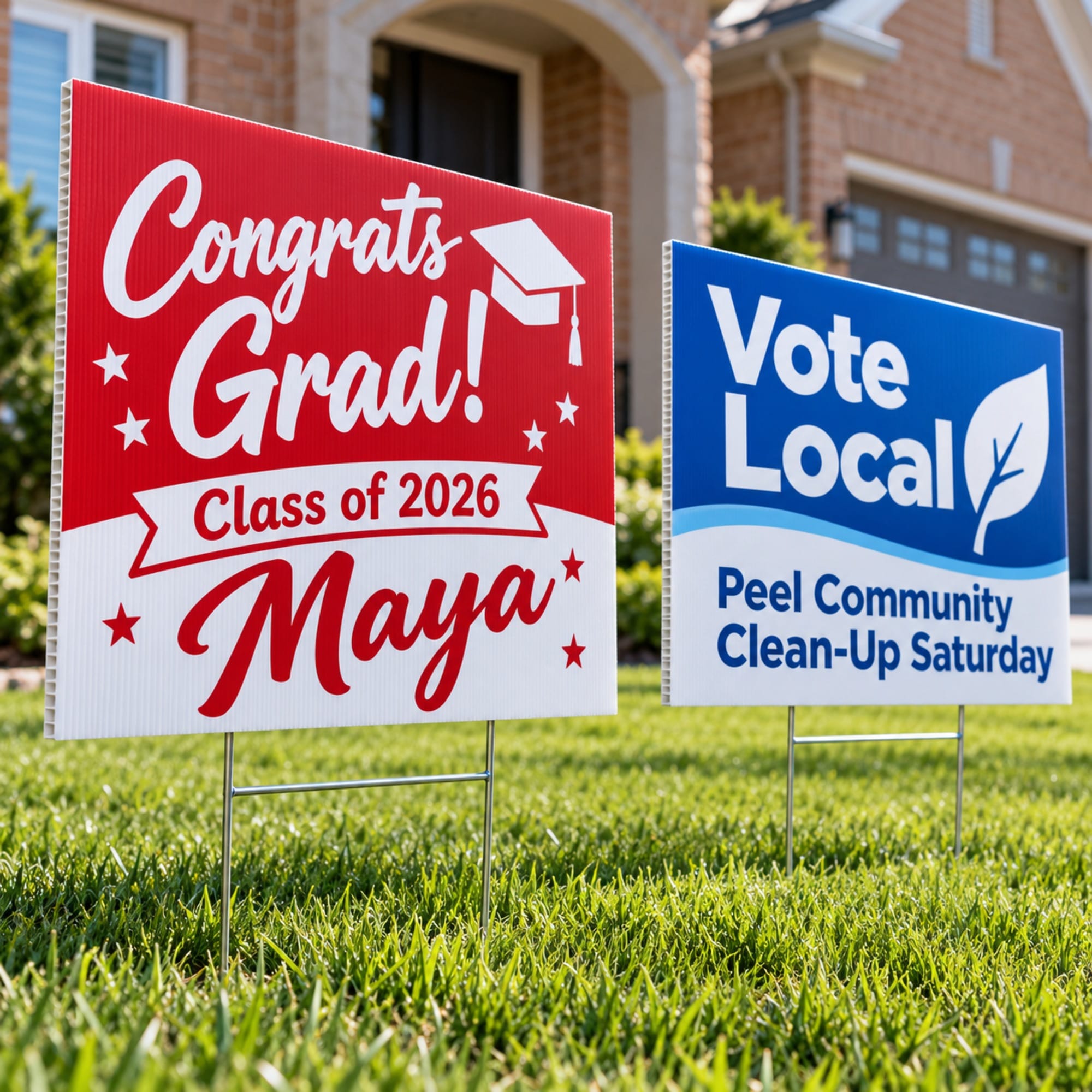 Custom printed coroplast lawn signs on H-stakes – Ron Russ Print Brampton