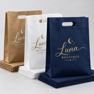 Custom printed non-woven die cut handle bags with logo – Ron Russ Print Brampton