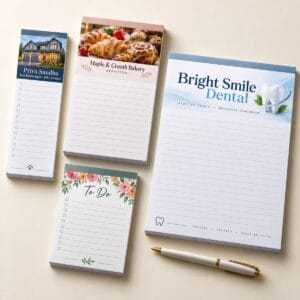 Custom full colour notepads in four sizes: realtor, bakery, to-do and dental notepads