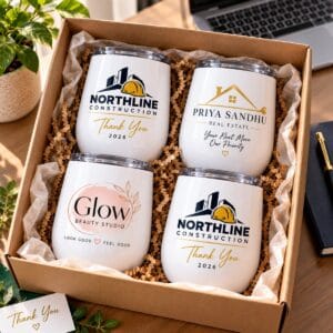 Custom Stemless Wine Tumblers 12oz with business logos by Ron Russ Print Brampton