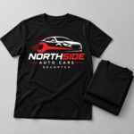 Custom black t-shirts with a full colour business logo printed in Brampton