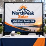 Custom trade show event banner behind a booth table