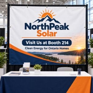 Custom trade show event banner behind a booth table