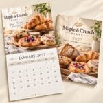 Custom 11x17 wall calendar opened to January 2027 with a bakery photo, beside a closed calendar cover