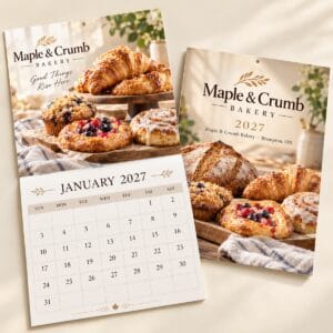 Custom 11x17 wall calendar opened to January 2027 with a bakery photo, beside a closed calendar cover