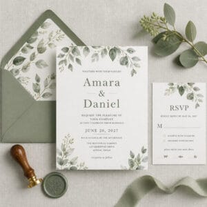 Custom wedding invitation suite with envelope and RSVP card