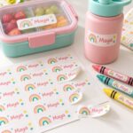 Personalized kids name labels on a lunch box, water bottle and crayons