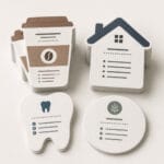 Custom shape die-cut business cards cut into coffee cup, house, tooth and circle shapes