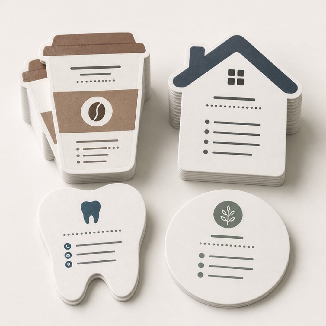 Custom shape die-cut business cards cut into coffee cup, house, tooth and circle shapes