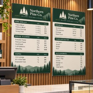 Printed dispensary menu boards on a store wall behind the counter