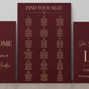 Engagement party seating chart display โ burgundy and gold foam board set