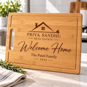 Engraved bamboo cutting board realtor closing gift by Ron Russ Print Brampton