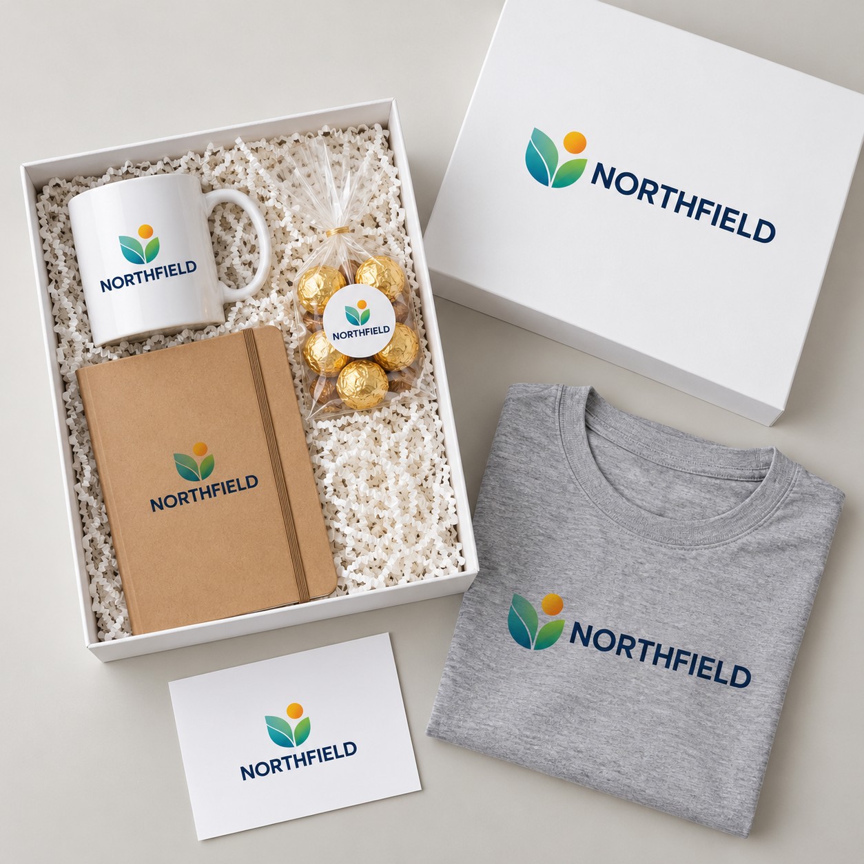 Essential corporate gift box in white with custom logo mug, journal, T-shirt, Lindt truffles and greeting card