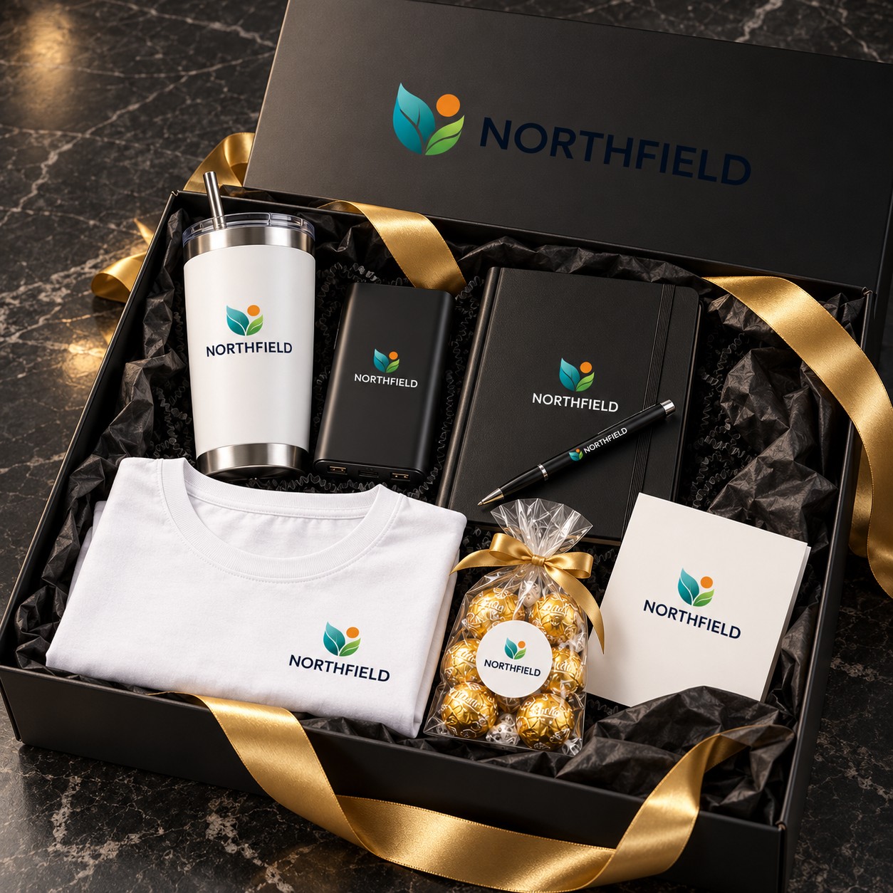 Executive corporate gift box with gold ribbon, custom logo tumbler, power bank, journal, pen, T-shirt, Lindt truffles and greeting card