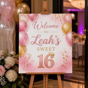 Printed foam board welcome sign on easel