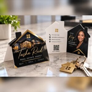 House-shaped folded business cards for a Brampton real estate agent, black and gold, shown standing folded and opened flat