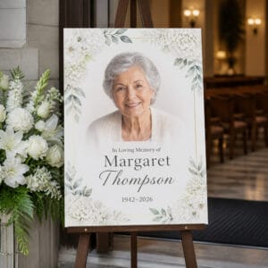 Printed memorial welcome sign on easel