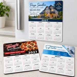 Custom 2027 magnetic fridge calendars for a realtor, pizza restaurant and dental clinic