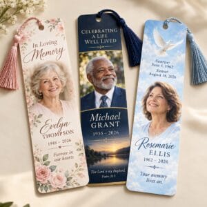Memorial bookmarks with photo, name, dates and verse, with tassels