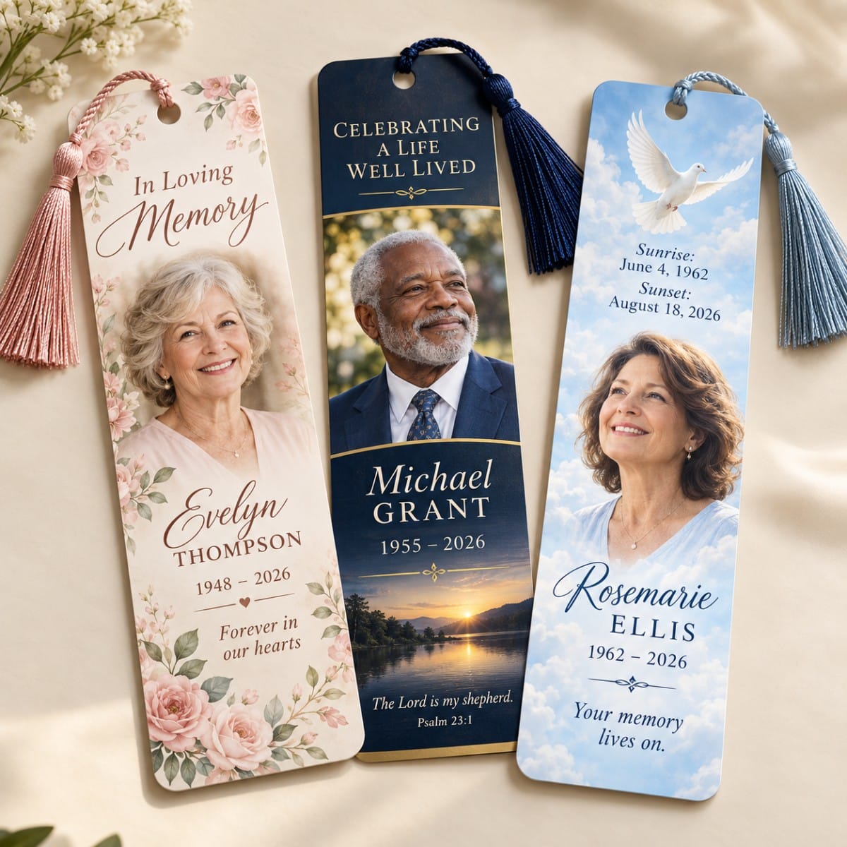 Memorial bookmarks with photo, name, dates and verse, with tassels