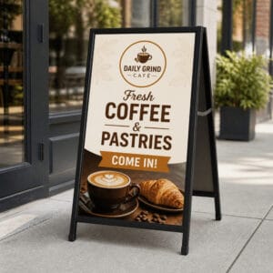 Metal A-frame sidewalk sign for cafe