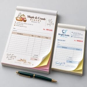 Full colour 3-part carbonless NCR invoice book and 2-part receipt pad with red numbering