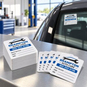 Custom Oil Change Reminder Stickers 2" x 2" printed in Brampton by Ron Russ Print