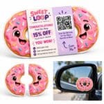 Donut-shaped die-cut wing-fold pop-up business card with QR code panel