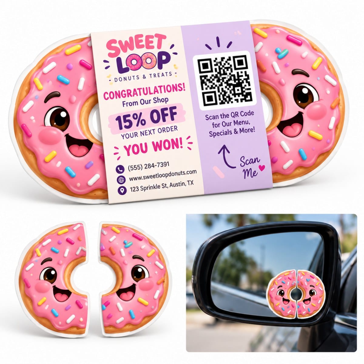 Donut-shaped die-cut wing-fold pop-up business card with QR code panel