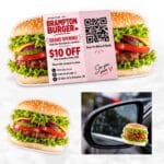 Burger-shaped die-cut wing-fold pop-up business card with coupon and QR code, shown open, folded and hung on a car mirror