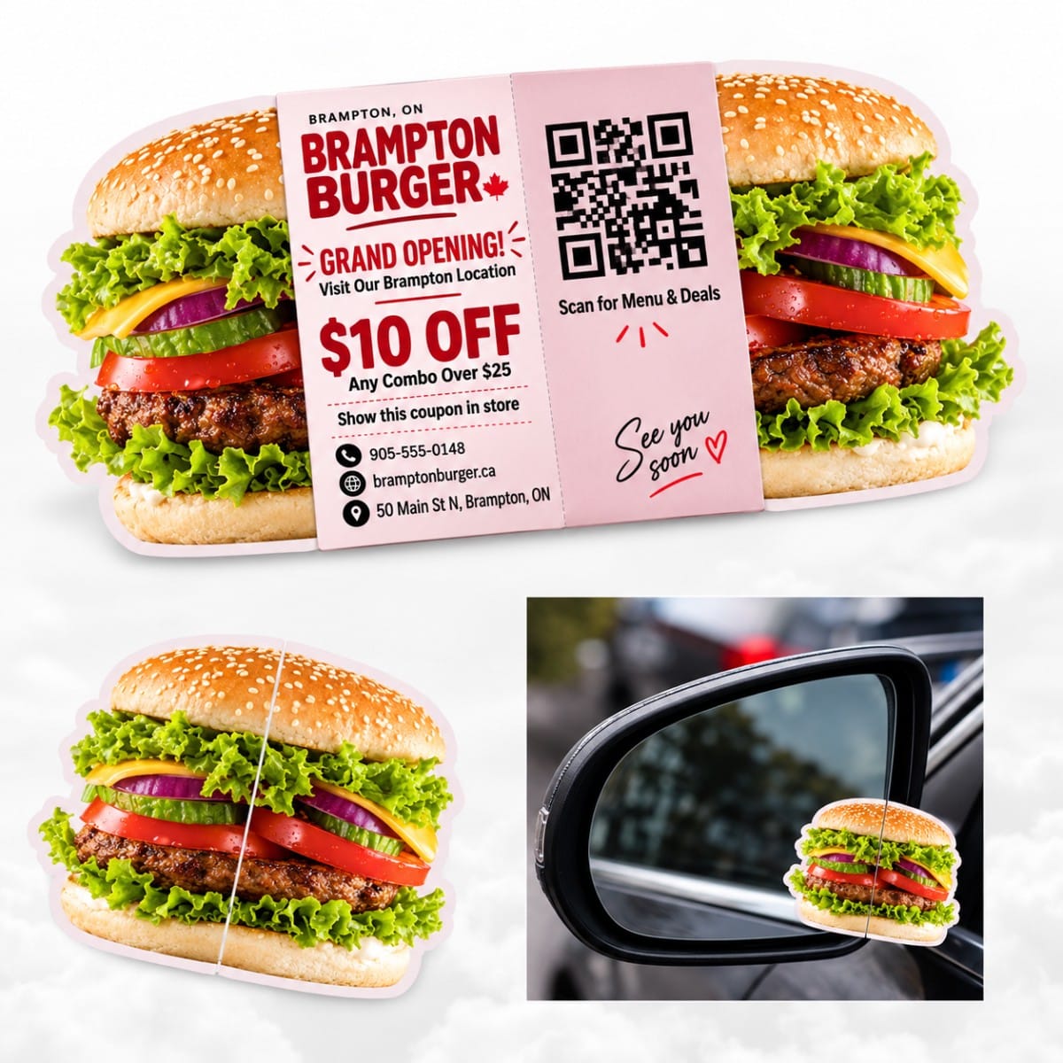 Burger-shaped die-cut wing-fold pop-up business card with coupon and QR code, shown open, folded and hung on a car mirror