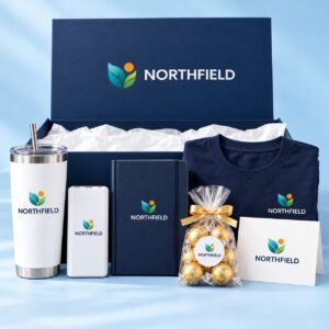 Premium corporate gift box in navy with custom logo tumbler, power bank, journal, T-shirt, Lindt truffles and greeting card
