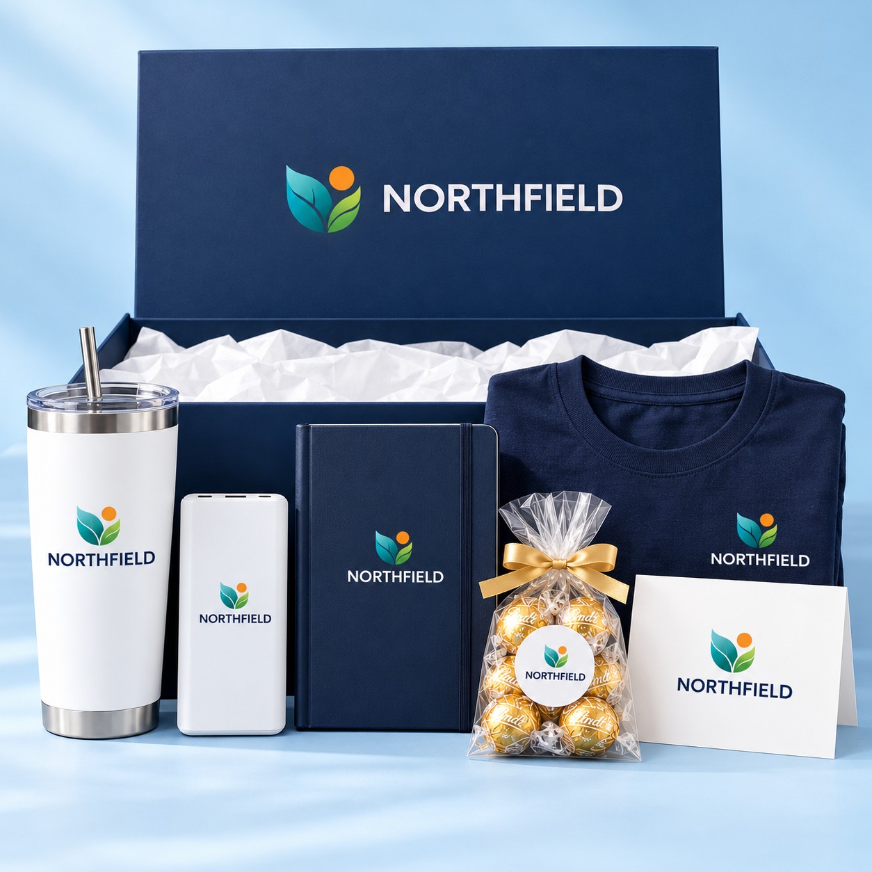 Premium corporate gift box in navy with custom logo tumbler, power bank, journal, T-shirt, Lindt truffles and greeting card