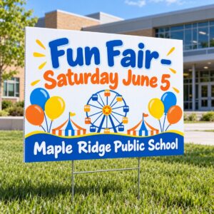 School fun fair coroplast lawn sign in front of an Ontario school