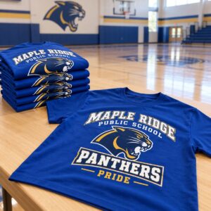 Custom school spirit wear t-shirts with panther mascot