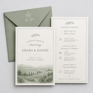 Wedding weekend itinerary cards with envelope