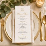 Custom wedding dinner menu cards on place setting