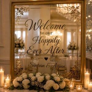 Gold vinyl welcome decal on wedding mirror