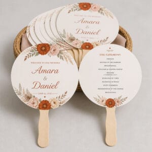 Printed wedding program fans with wooden handles