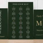 Wedding seating chart display – green and gold 3-piece foam board set