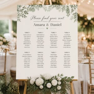 Printed wedding seating chart sign on easel