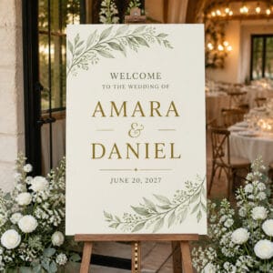 Printed wedding welcome sign on easel
