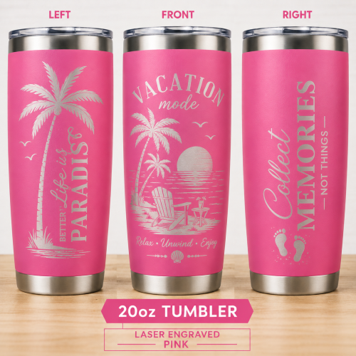 Solid pink and purple 20oz laser engraved vacation tumblers with custom logo design